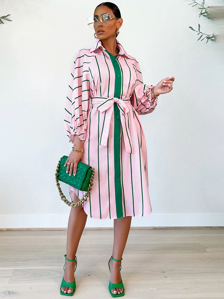 Striped Button Down Shirt Midi Dresses Tiynon