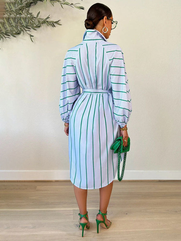 Striped Button Down Shirt Midi Dresses Tiynon