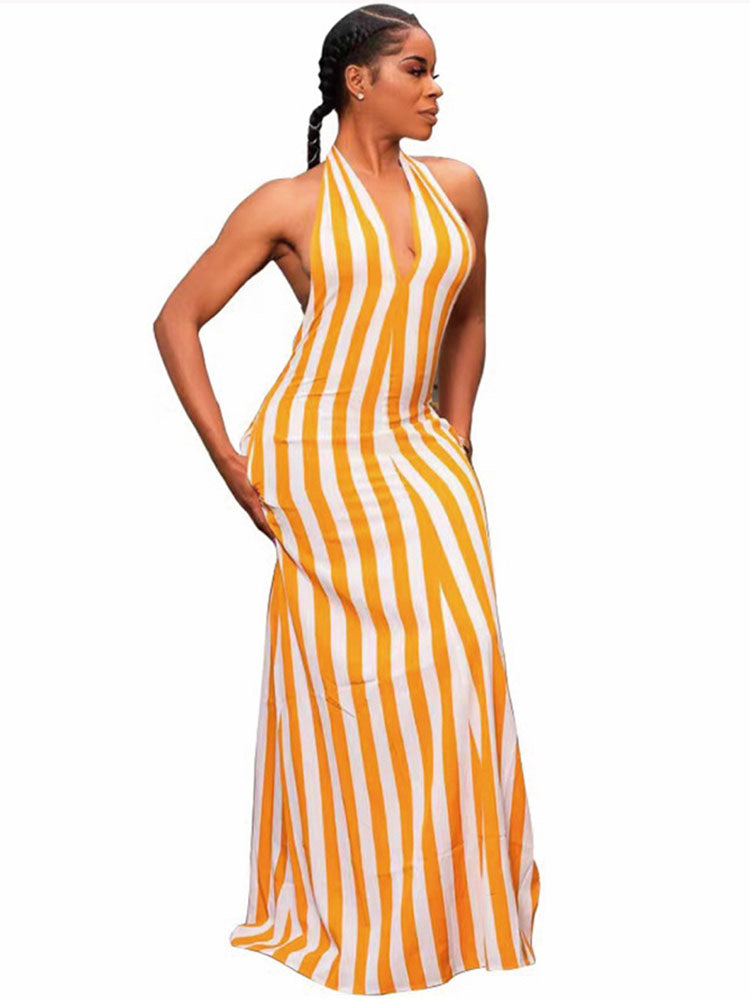 Striped Halter Sleeveless Backless Maxi Dresses Tiynon