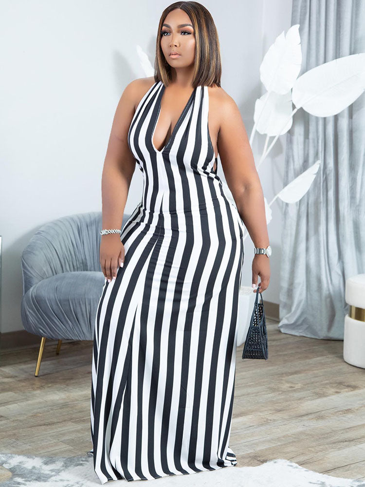 Striped Halter Sleeveless Backless Maxi Dresses Tiynon