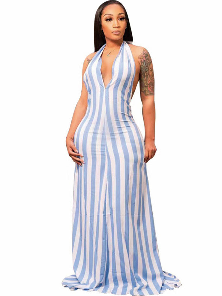 Striped Halter Sleeveless Backless Maxi Dresses Tiynon