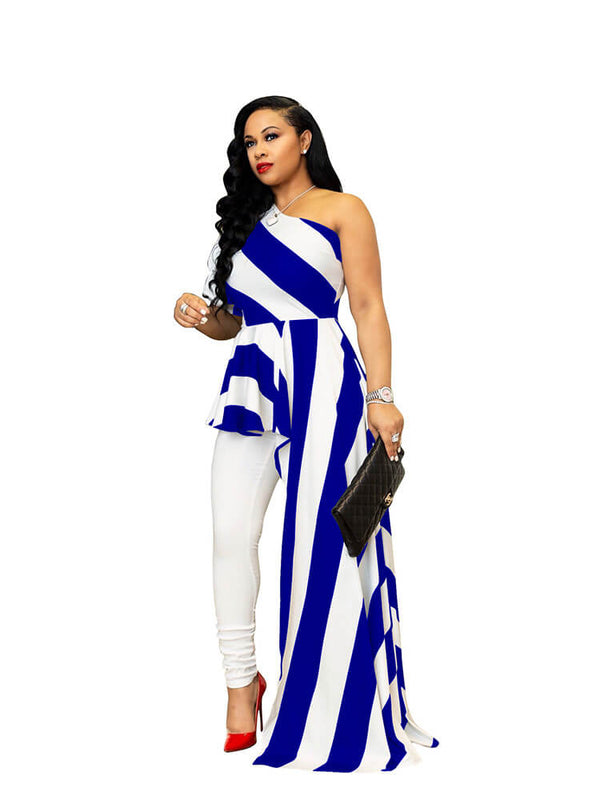 Striped One Shoulder High Low Irregular Blouse Top Dresses Tiynon