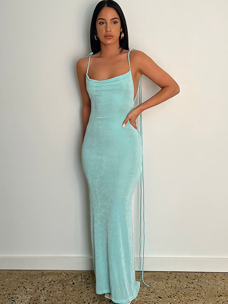 Swing Collar Spaghetti Strap Backless Maxi Dresses Tiynon