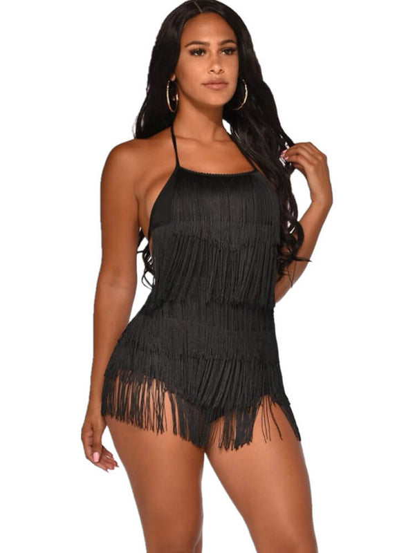 Tassel Halter Neck Backless Short Jumpsuit Tiynon