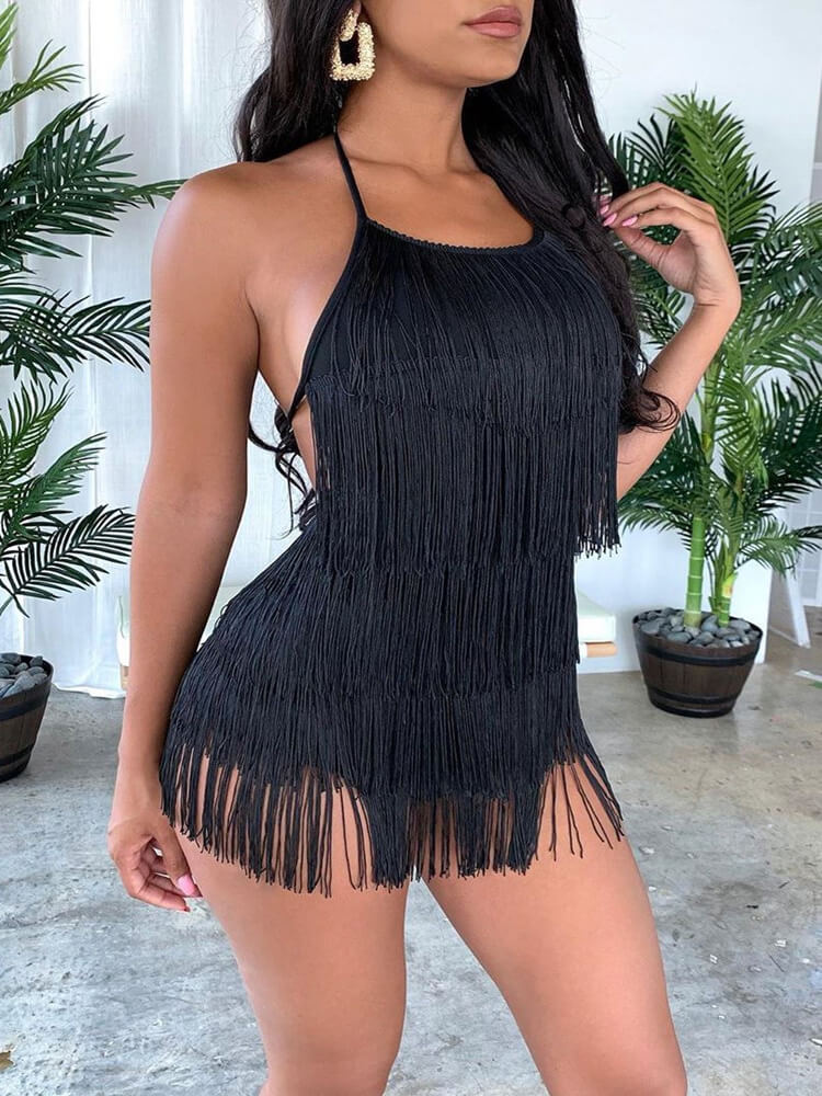 Tassel Halter Neck Backless Short Jumpsuit Tiynon