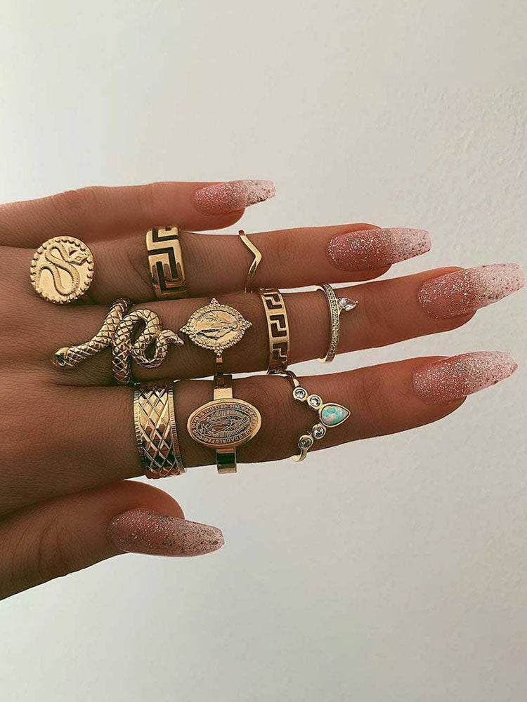 Ten Piece Snake Rhinestone Rings Sets Tiynon