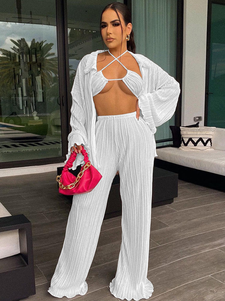 Three Piece Bikini Cardigan Wide Leg Outfits Tiynon