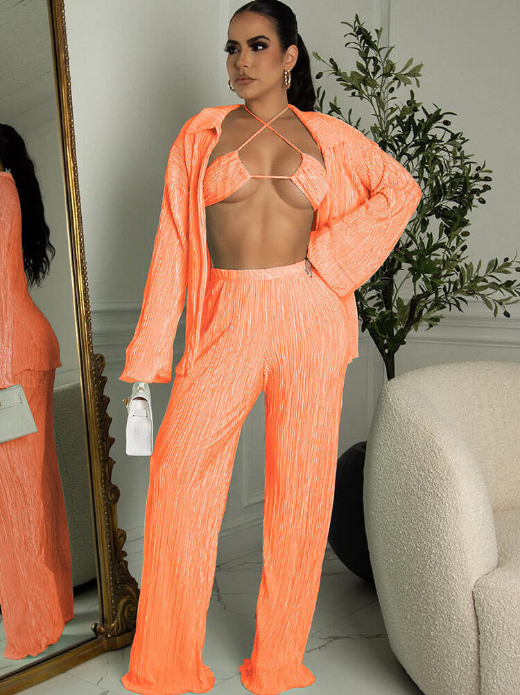 Three Piece Long Sleeve Cardigan & Wide Leg Pants Suit Tiynon