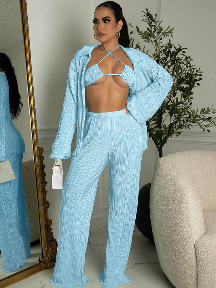 Three Piece Long Sleeve Cardigan & Wide Leg Pants Suit Tiynon