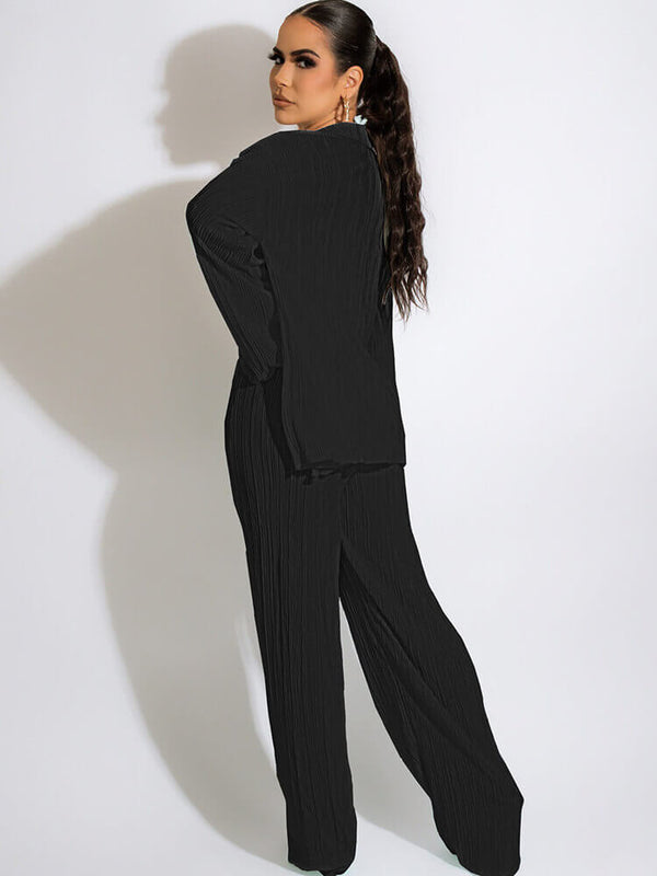 Three Piece Long Sleeve Cardigan & Wide Leg Pants Suit Tiynon