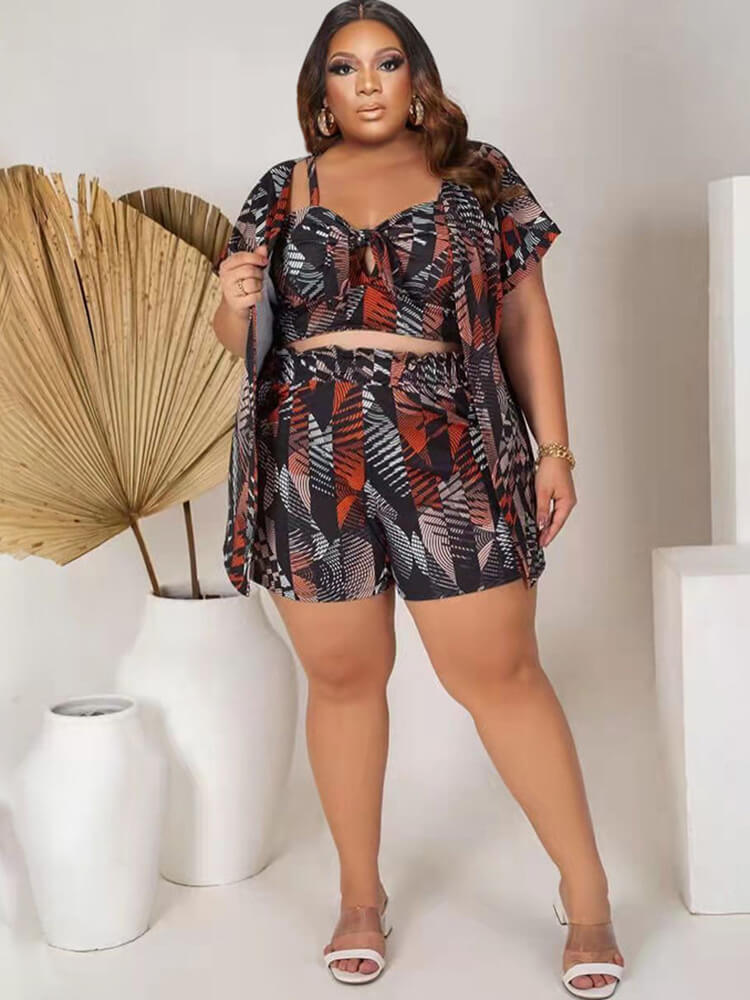 Three Piece Short Sleeve Floral Print Shorts Sets Tiynon