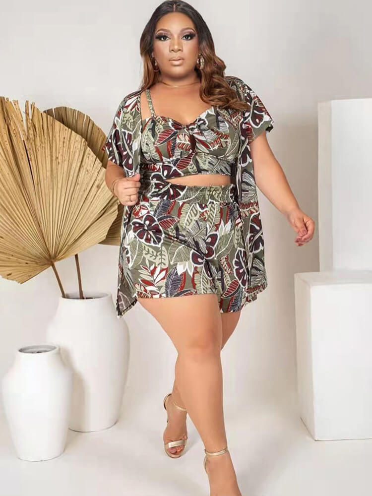 Three Piece Short Sleeve Floral Print Shorts Sets Tiynon