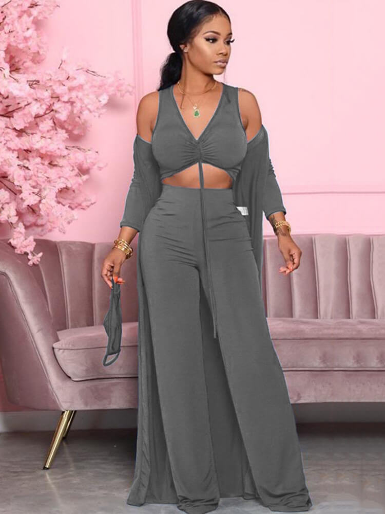 Three Piece Solid Color V Neck Pants Suit Tiynon