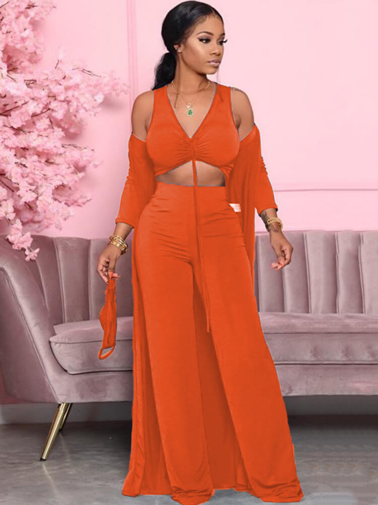 Three Piece Solid Color V Neck Pants Suit Tiynon