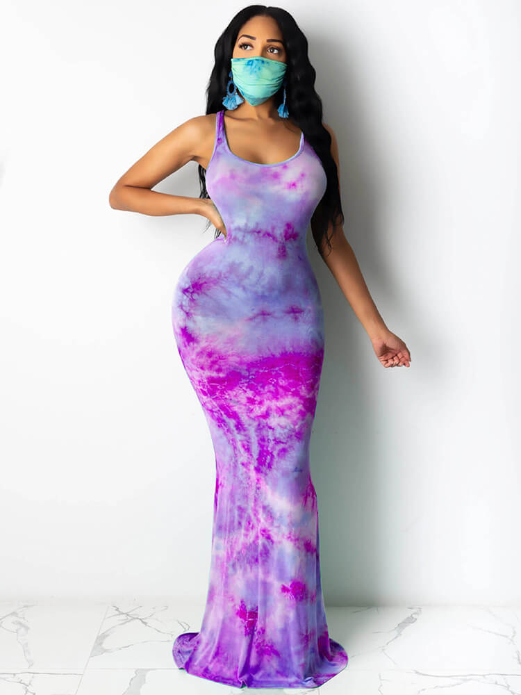 Tie Dye Leopard Print Square Neck Sleeveless Maxi Dress Tiynon