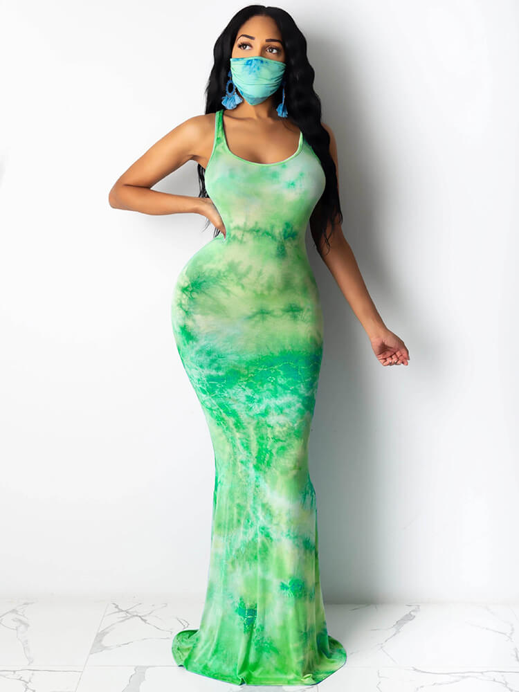 Tie Dye Leopard Print Square Neck Sleeveless Maxi Dress Tiynon