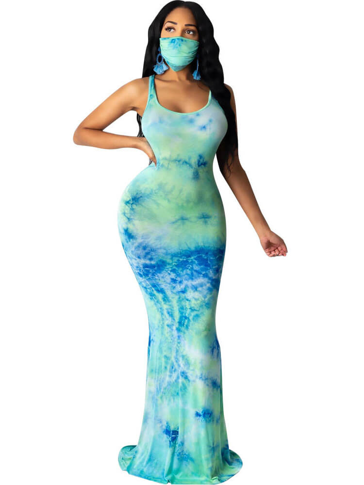 Tie Dye Leopard Print Square Neck Sleeveless Maxi Dress Tiynon