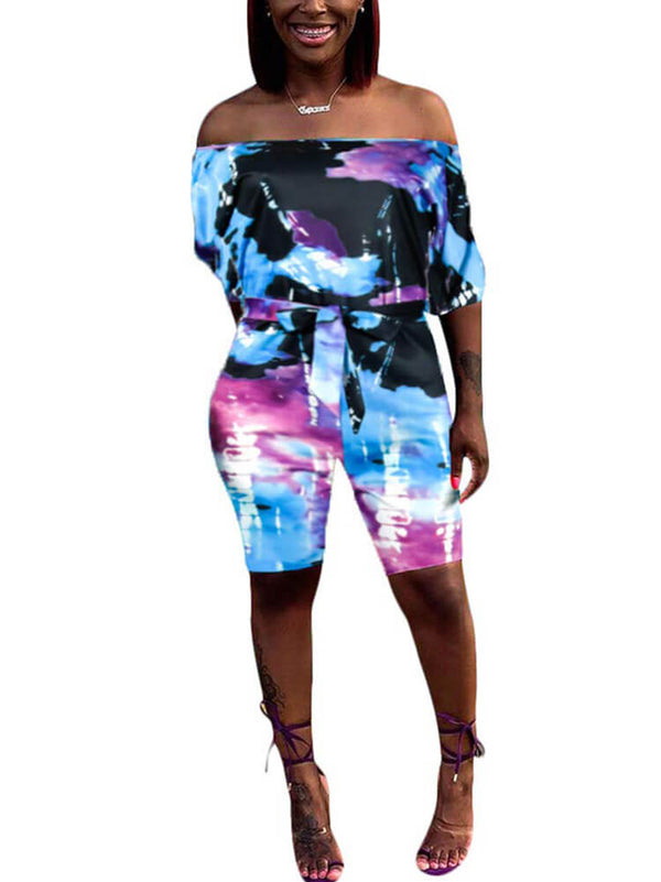 Tie Dye Off Shoulder Jumpsuit with Belt Tiynon