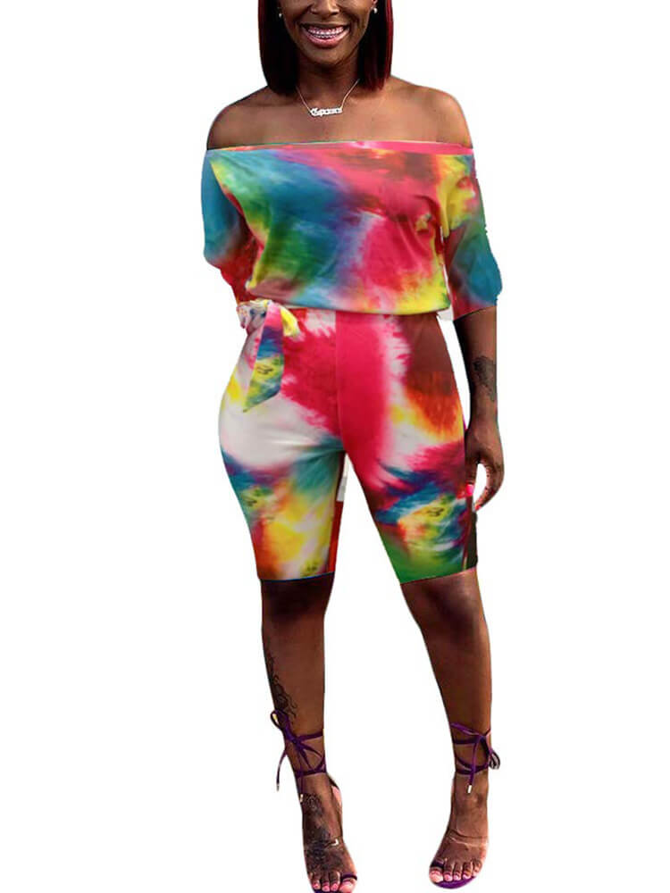 Tie Dye Off Shoulder Jumpsuit with Belt Tiynon