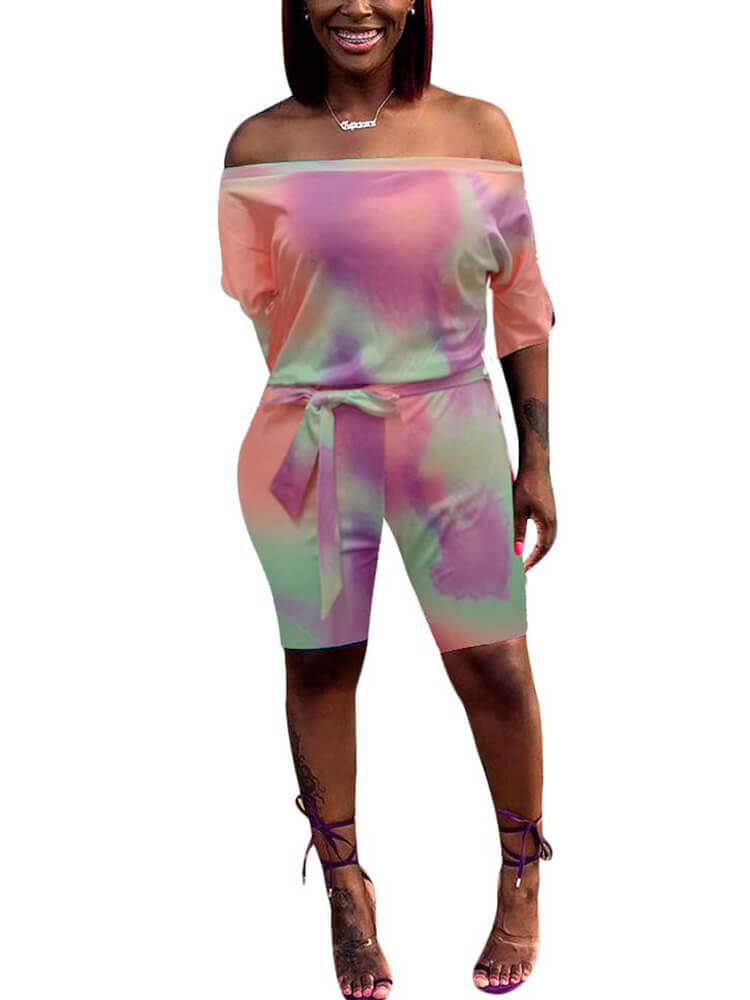 Tie Dye Off Shoulder Jumpsuit with Belt Tiynon