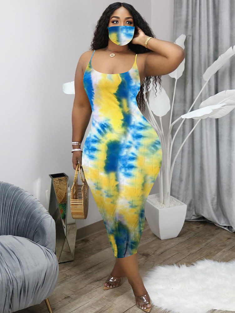 Tie Dye Spaghetti Strap Bodycon Boho Maxi Dresses Tiynon