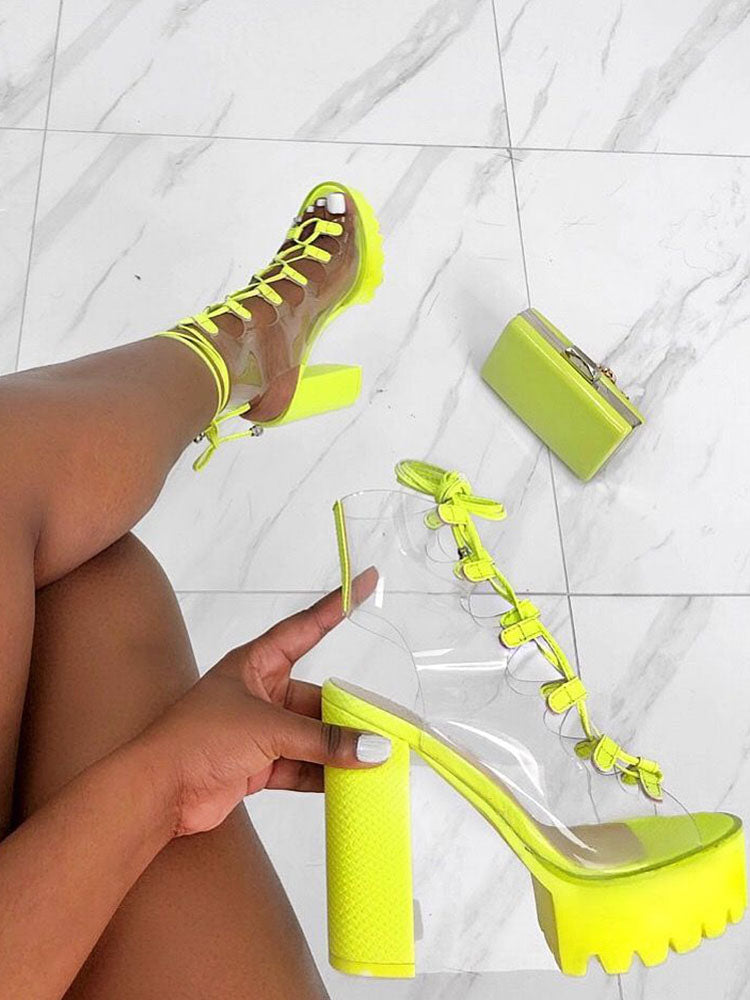 Transparent Lace Up Open-Toe Chunky Heels Tiynon