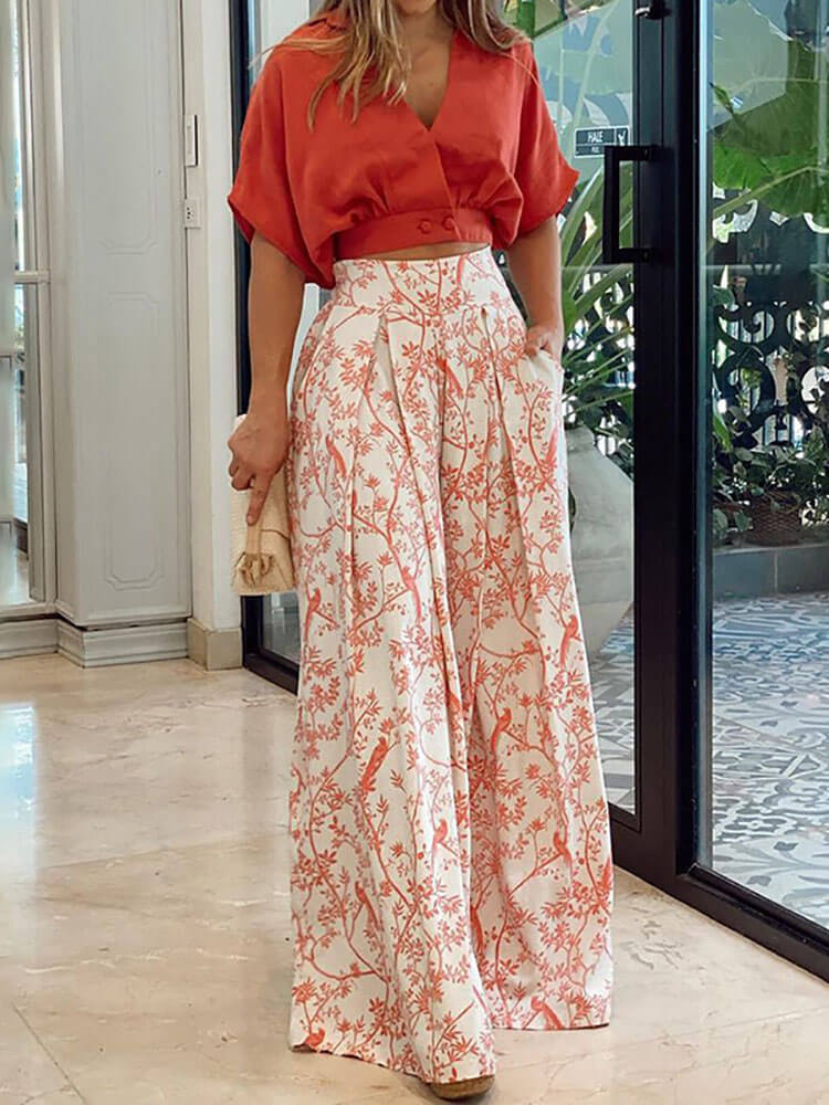 Two Piece Batwing Sleeve & Floral Print Pant Suits Tiynon