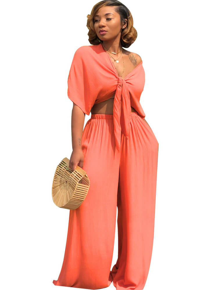 Two Piece Bowknot Tie Front Crop Top+Wide Leg Pant Sets Tiynon