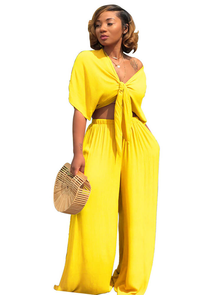 Two Piece Bowknot Tie Front Crop Top+Wide Leg Pant Sets Tiynon