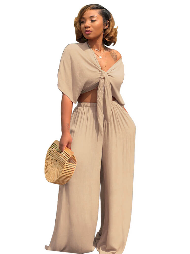 Two Piece Bowknot Tie Front Crop Top+Wide Leg Pant Sets Tiynon