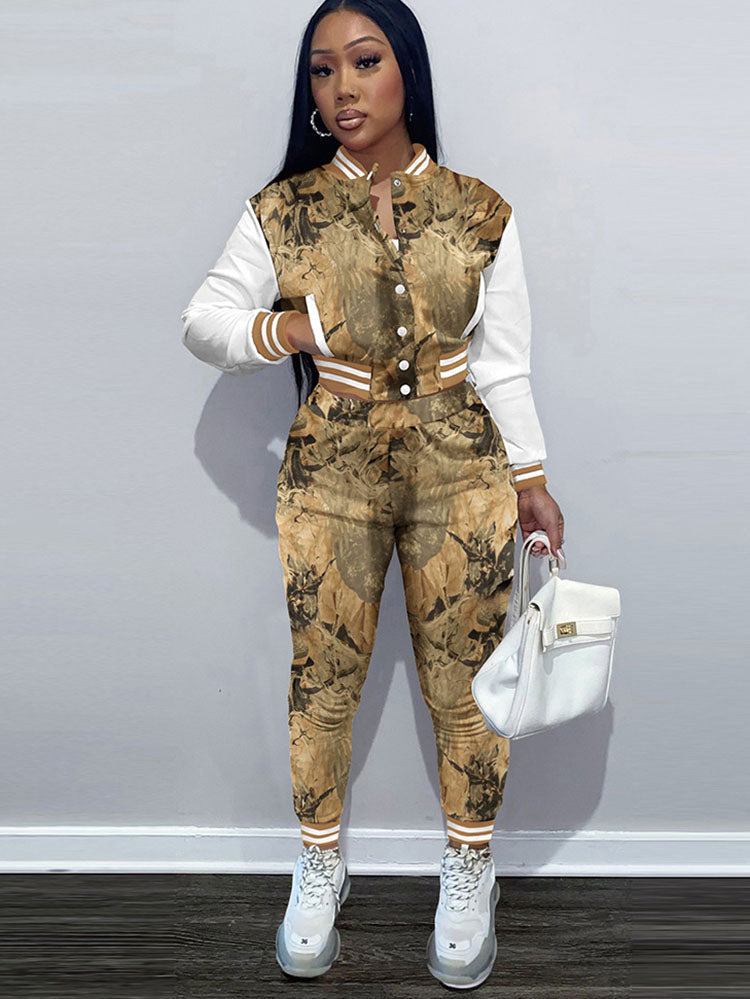 Two Piece Camouflage Print Pant Suits Tiynon