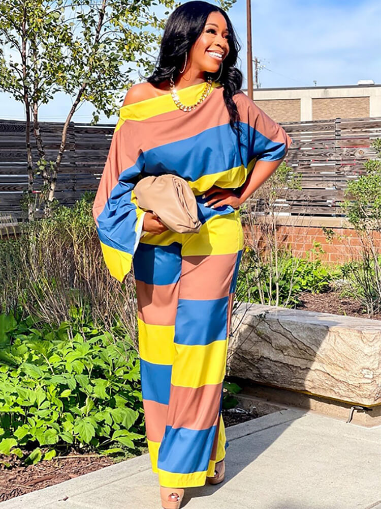 Two Piece Color Block Tops & Wide Leg Pants Tiynon