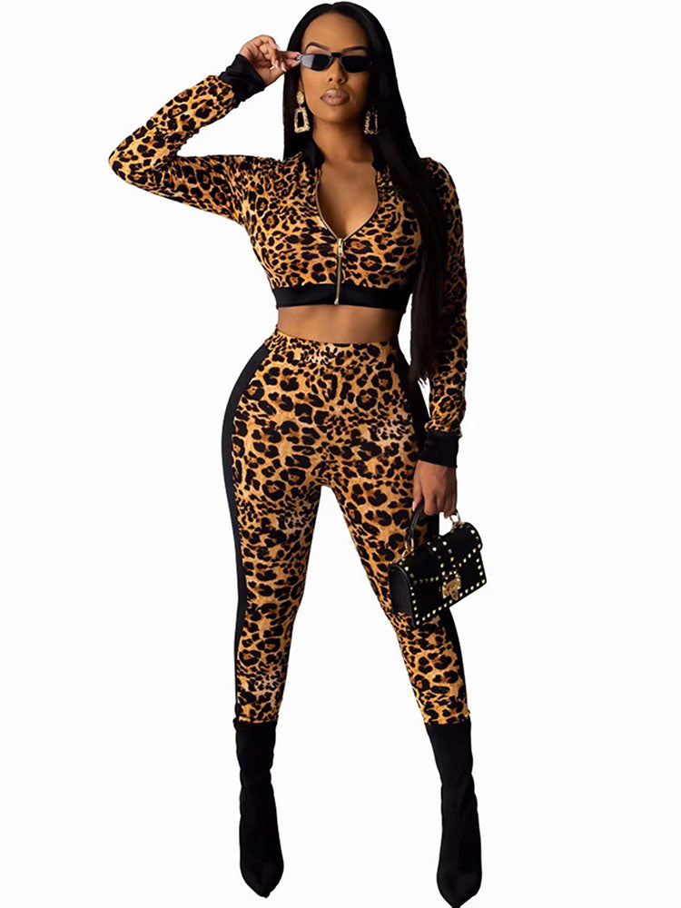 Two Piece Crop Top Leopard Print Long Pants Tiynon