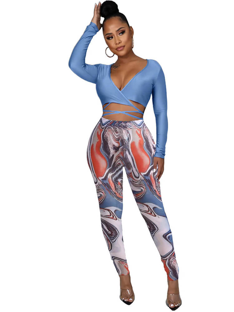 Two Piece Crop Top Printed Long Pants Set Tiynon