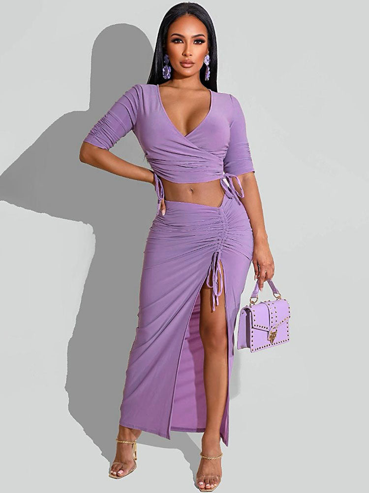 Two Piece Crop Top & Split Skirt Suits Tiynon