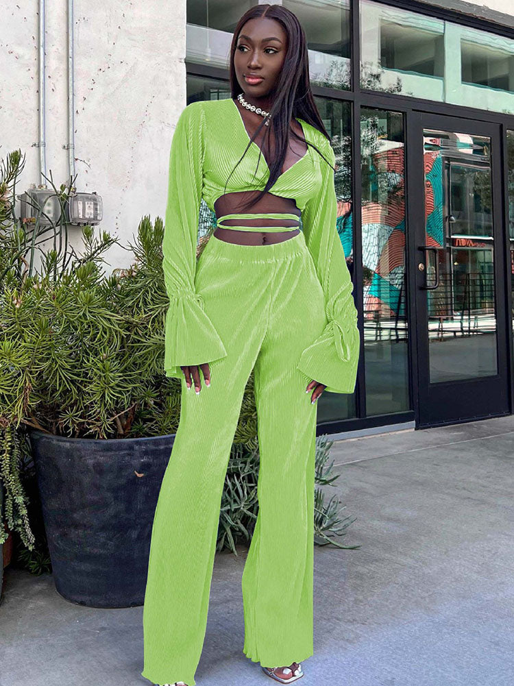 Two Piece Crop Top Wide Leg Pants Outfits Tiynon