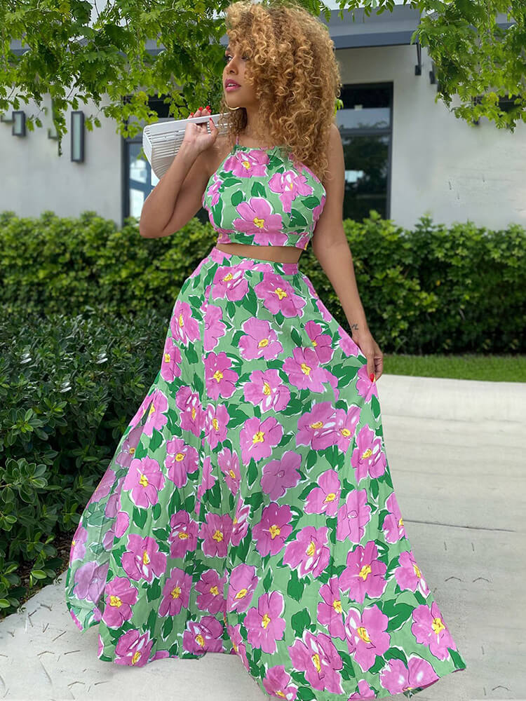 Two Piece Floral Print Crop Top & Maxi Skirt Tiynon