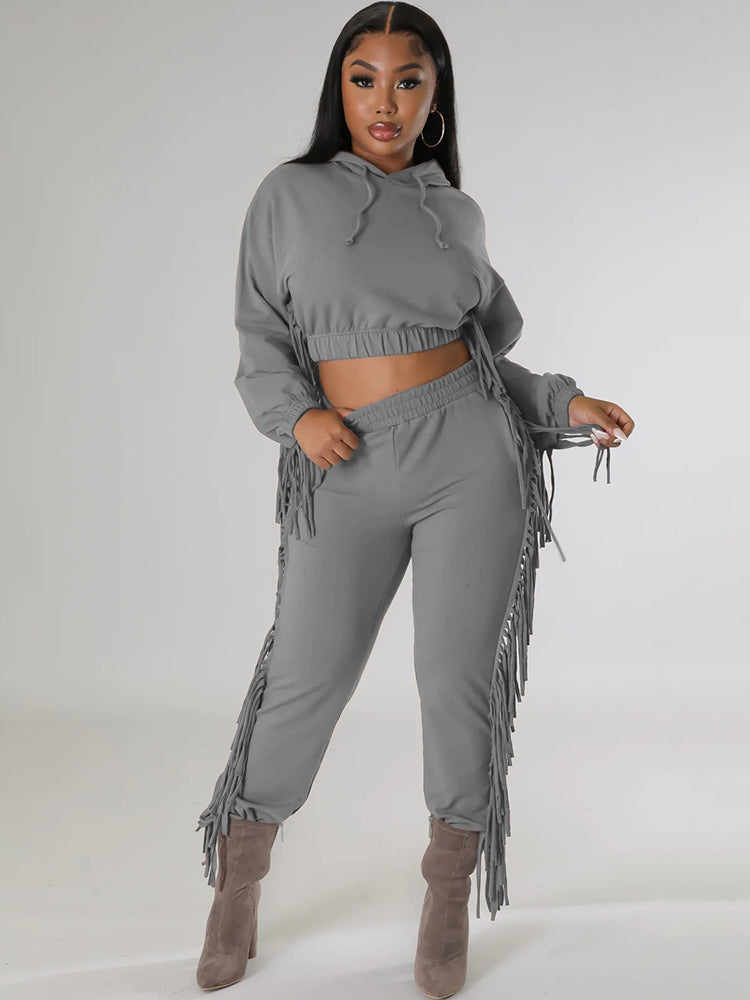 Two Piece Fringe Long Sleeve Hoodie Long Pants Set Tiynon