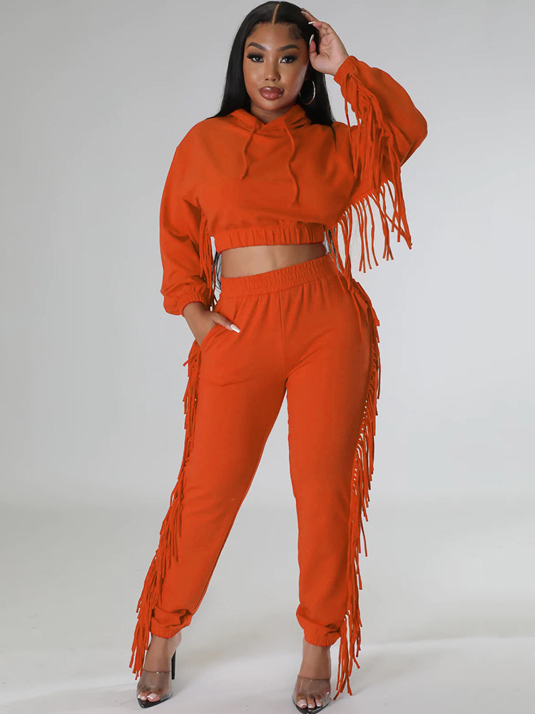 Two Piece Fringe Long Sleeve Hoodie Long Pants Set Tiynon