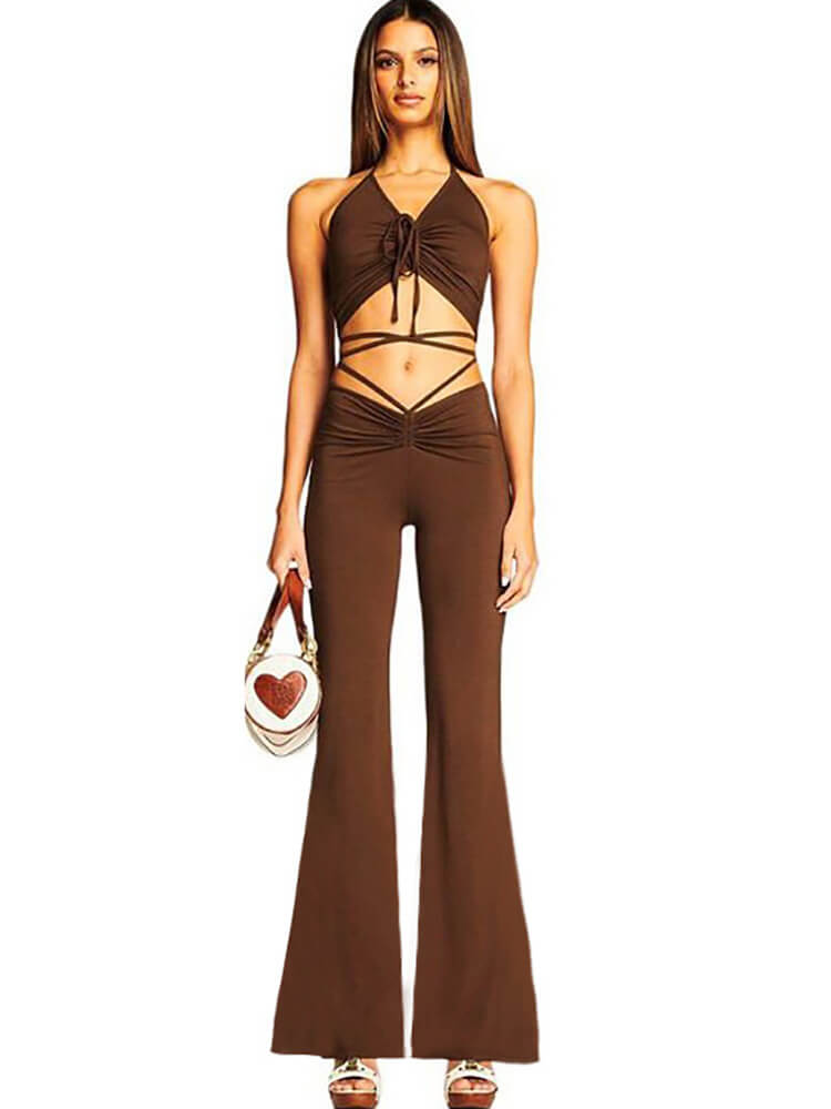 Two Piece Halter Drawstring Crop Top Wide Leg Pants Set Tiynon