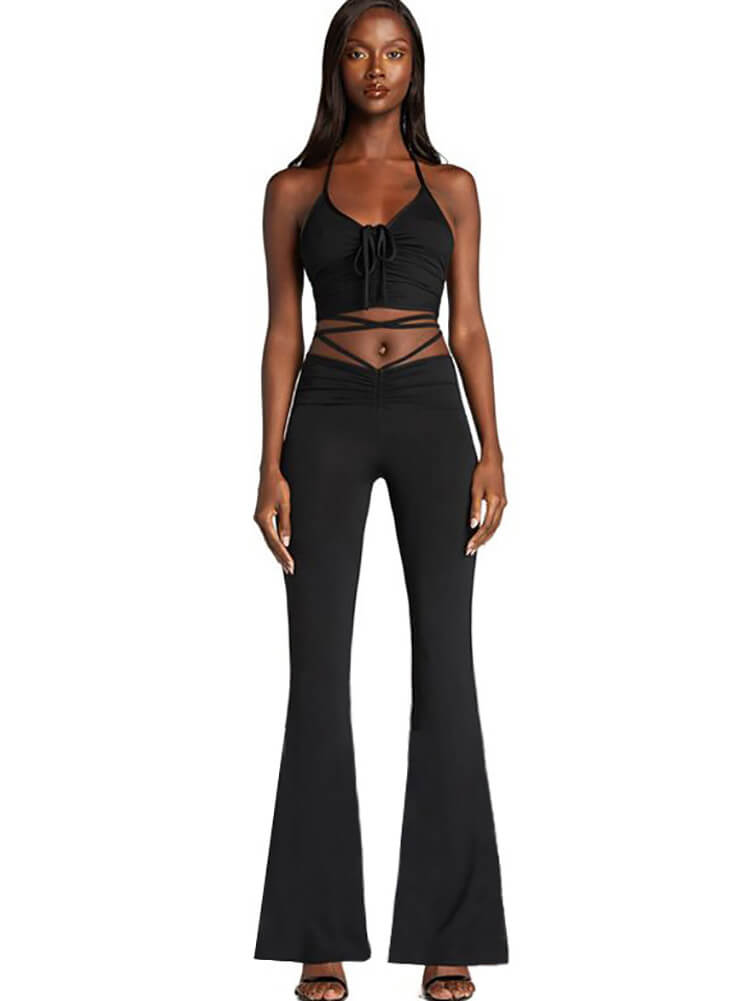 Two Piece Halter Drawstring Crop Top Wide Leg Pants Set Tiynon