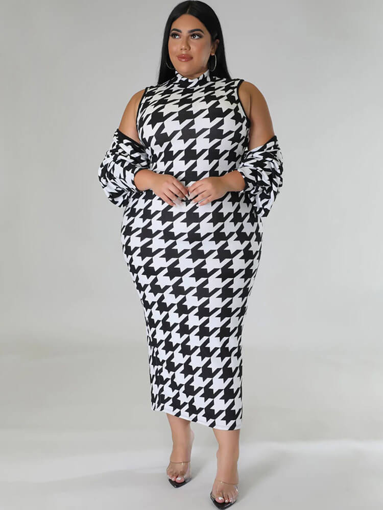 Two Piece Houndstooth Cardigan & Cut Out Midi Dresses Tiynon