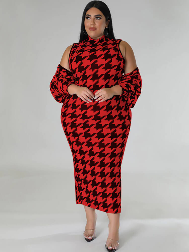 Two Piece Houndstooth Cardigan & Cut Out Midi Dresses Tiynon