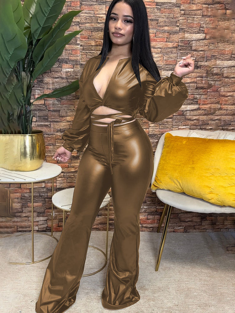 Two Piece Leather Solid Color Pant Suits Tiynon