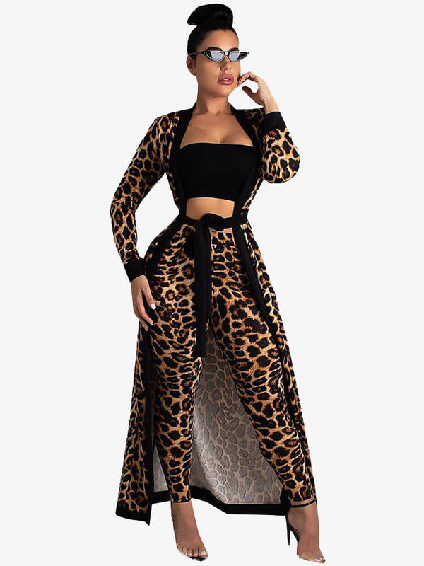 Two Piece Leopard Print Open Cardigan+Pants Sets Tiynon