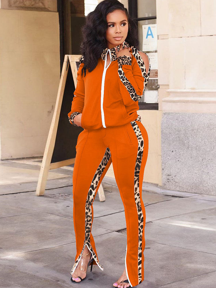 Two Piece Leopard Print Patchwork Pant Suits Tiynon