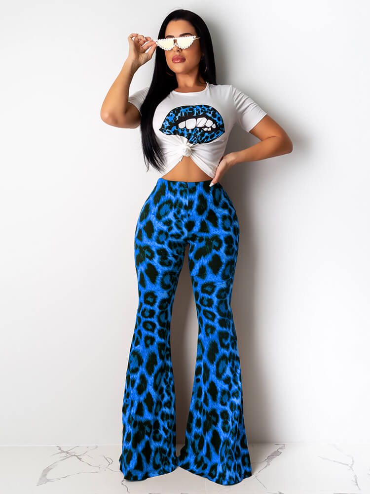 Two Piece Lips Print Tops+Leopard Pant Suits Tiynon