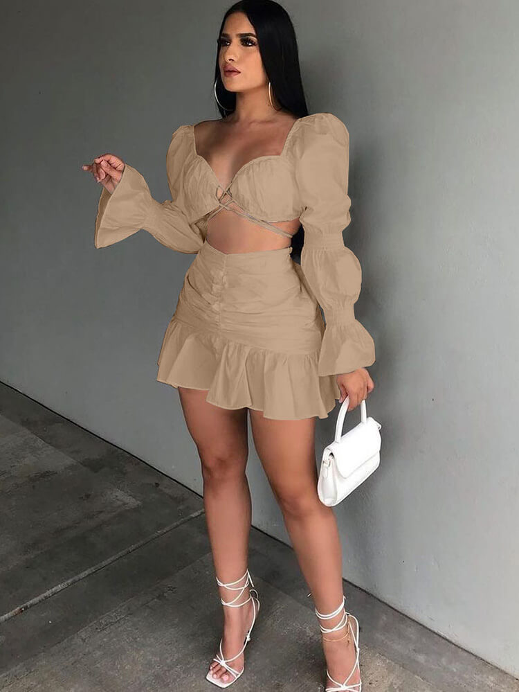 Two Piece Long Puffy Sleeve Top Mni Skirt Tiynon