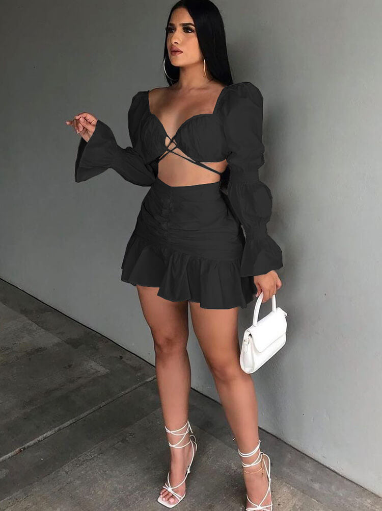 Two Piece Long Puffy Sleeve Top Mni Skirt Tiynon