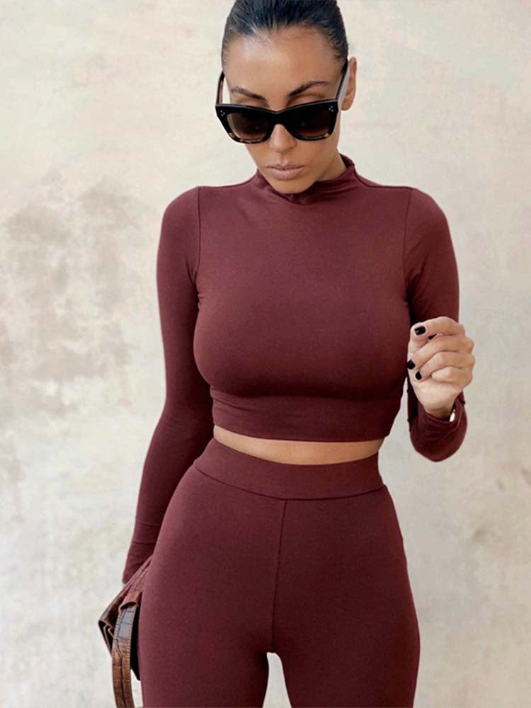 Two Piece Long Sleeve Bodycon Crop Top Legging Set Tiynon